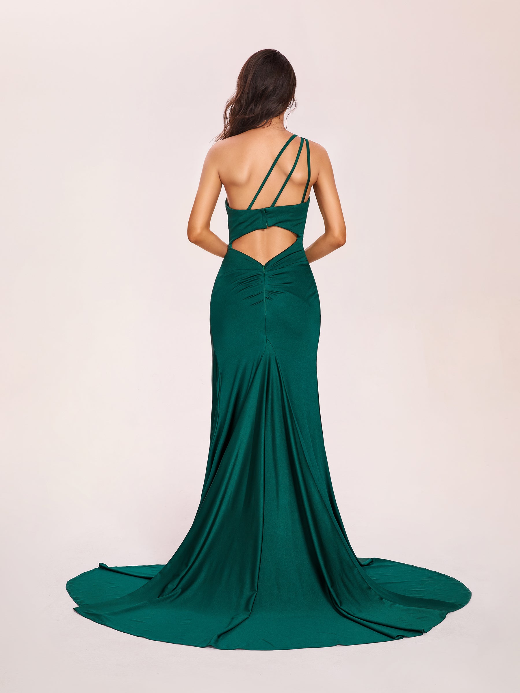 One-shoulder Prom Dresses Open Back Pleats Side-Slit With Train Long
